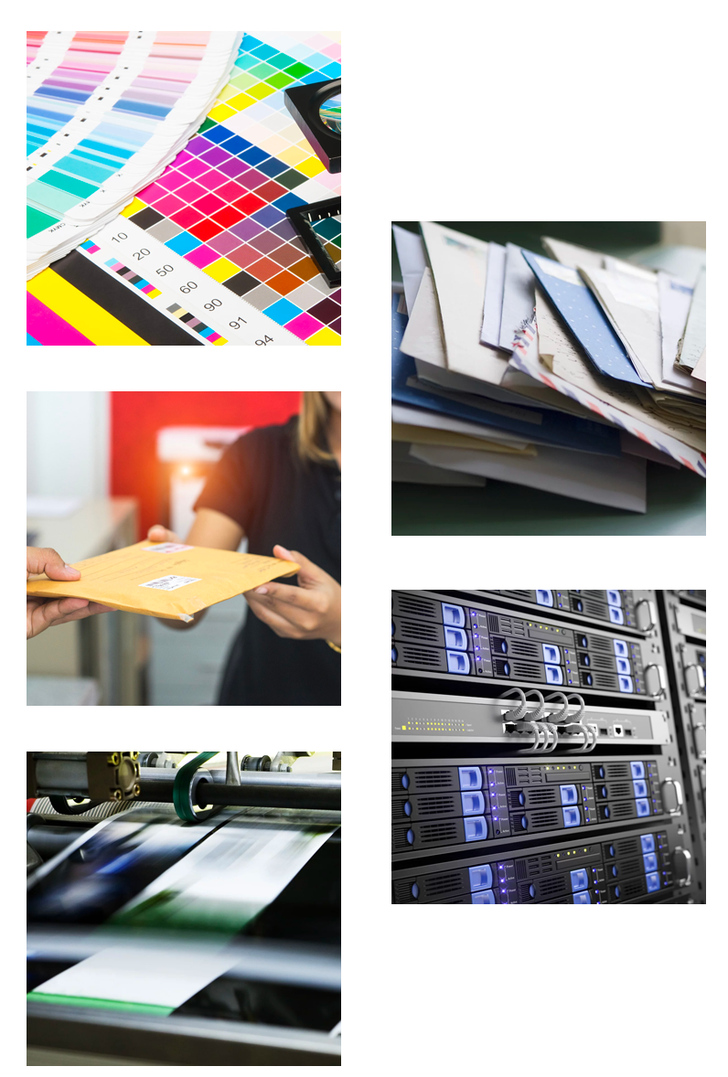 5 image grid of various printing offerings provided by DDI