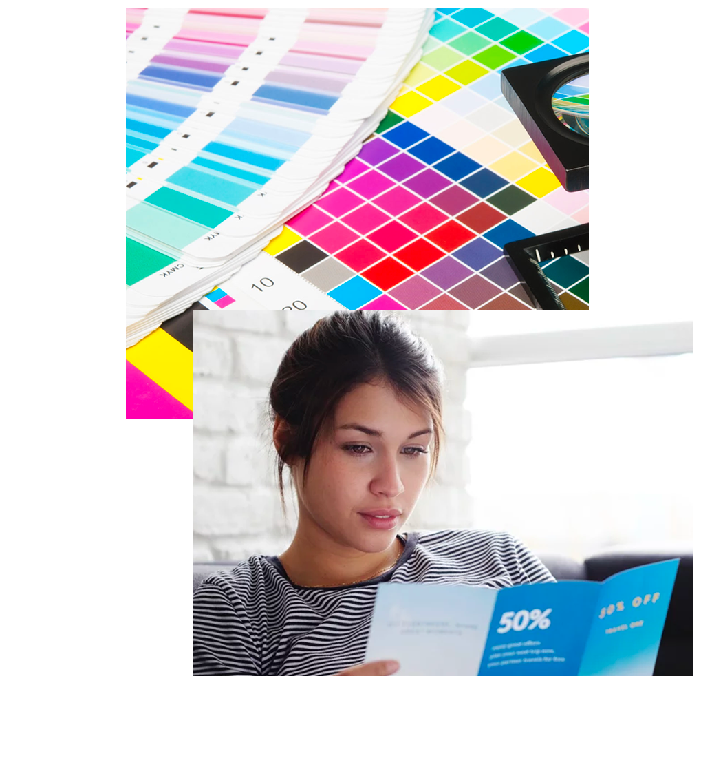 Two images, one a close-up of print color swatches and the second of a woman reading print material